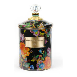 Flower Market Medium Enamel Canister - Black | MacKenzie-Childs - Bathroom Canisters