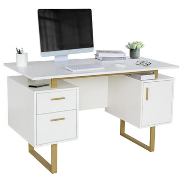 Elegant Desk, Floating Top With Cube Shaped Cabinet & Large Drawers, Gold/White