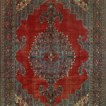 Noori Rug - Fine Vintage Distressed Farhang Burgundy/Navy Rug, 7'4x9'10 - Brighten up your room with the dazzling Fine Vintage Distressed Farhang Pakistani rug. Hand-knotted with the finest quality wool, this rug features a tradtional pattern in the shades of burgundy and navy.