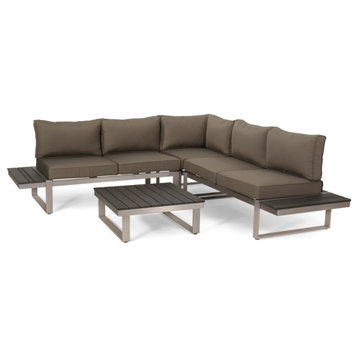 Jagger Outdoor Aluminum V-Shaped 5-Seat Sofa Set With Cushions, Gray/Khaki