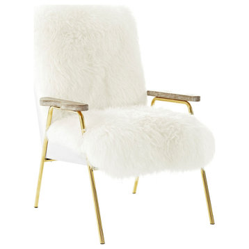 Sheepskin Armchair, Mid Century Modern Fur Accent Chair, Gold Lounge Chair, Whit