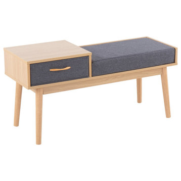 Telephone Bench, Natural Wood/Gray Fabric With Pull-Out Drawer
