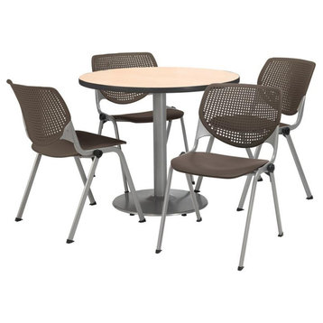 KFI Round 42" Pedestal Table - 4 Brownstone KOOL Chairs - Natural Top