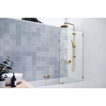 34"x58.25" Frameless Bathtub Shower Door Single Fixed Panel Radius, Satin Brass
