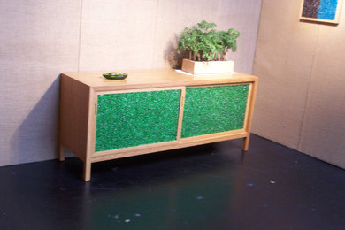 Custom Media Cabinet- Bamboo with Green Pebbled Glass