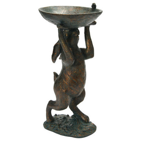 Decorative Resin Rabbit Bird Bath, Green Patina Finish