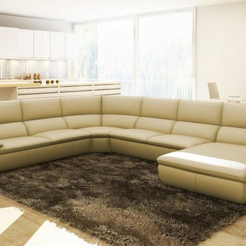 Modern Beige Italian Leather Sectional Sofa with Chaise