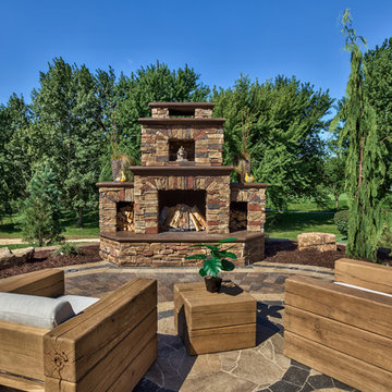 Daytime View of Towering Stone Fireplace