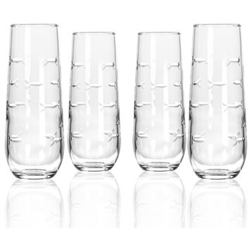 School of Fish 8.5oz Stemless Champagne Flute 8.5 Ounce, Set of 4 Glasses
