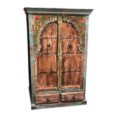 Mogul Interior - Consigned Antique Floral Arch Armoire Indian Handcarved Cabinet With Drawers - Armoires and Wardrobes