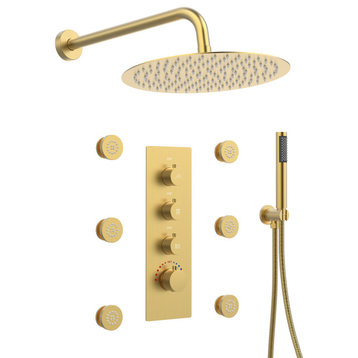 Luxury Thermostatic Complete Shower System With Rough-in Valve, Brushed Gold