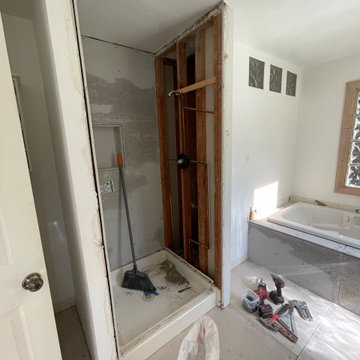 Bathroom Remodel; Huge Blue Tiles; Luxury shower and tub