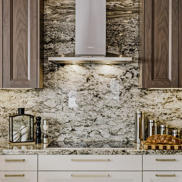 Transitional upscale kitchen with smokey mountain granite