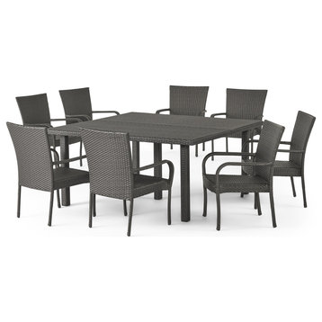 GDF Studio 9-Piece Fern Outdoor Stacking Wicker Square Dining Set, Gray