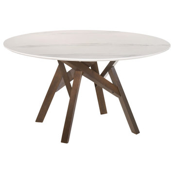 Venus 54" Round Mid Century White Marble Dining Table With Walnut Wood Legs