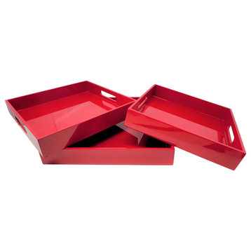 Sturdy Lacquered Wood Serving Tray, Red, 3-Piece Set