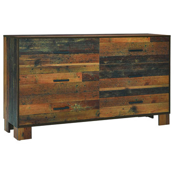 Double Dresser, 6 Storage Drawers With Metal Pull Handles, Rustic Pine Finish