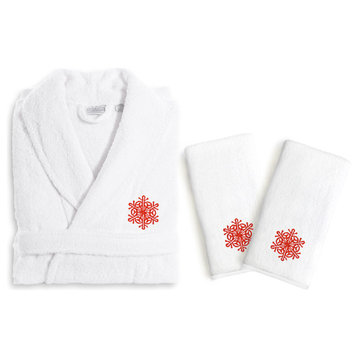 Monogrammed Luxury Hand Towels and Terry Bathrobe Set With Red Snow Flake, 47"
