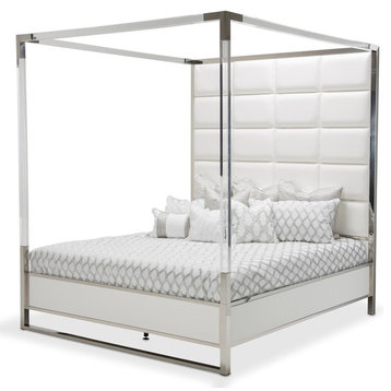 Aico State St Queen Metal Canopy Bed in Glossy White 9016000QN4-116