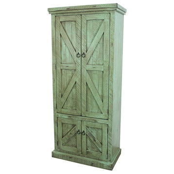 Rustic Pantry Cabinet, Engineered Wood With X Patterned Doors, Aquamarine