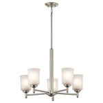 Kichler - Chandelier 5-Light, Brushed Nickel - The straight lines and up-sized satin etched glass of this Brushed Nickel 5 light chandelier from the Shailene Collection create the perfect casual look for the updated urban lifestyle.