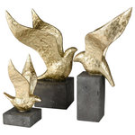 Elk Home - Winged Bird Sculpture Set of 3 - The Winged Bird Sculpture includes three decorative painted gold resin birds of varying sizes, each mounted on a black resin base. These sculptures can be displayed together or separately to add a note of organic glamour to a bookshelf or display area.