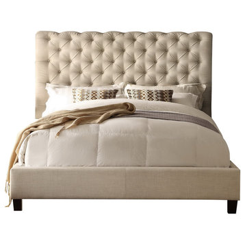 Calia Tufted Chesterfield Upholstered Panel Bed, Beige, Queen