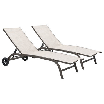 Adjustable Chaise Lounge Chair Outdoor Recliner with Wheels (Set of 2), Beige