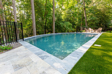 Diseño de piscina natural clásica renovada de tamaño medio a medida en patio trasero con adoquines de piedra natural