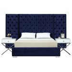 Meridian Furniture - Grande Velvet Bed, Navy, King - Rejuvenate your bedroom space with this Grande Navy Velvet King Bed. Svelte velvet covers each inch of this magnificently styled bed, lending it a bit of softness and glamour. The bold headboard is heavily button tufted for a regal and sophisticated look, and it's padded, so you can rest your back against it while you read or watch TV. The full-framed base is modish and sleek and provides sturdy support for the mattress of your choice.