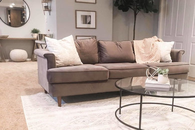 Large eclectic open concept carpeted and gray floor living room photo in Milwaukee with gray walls
