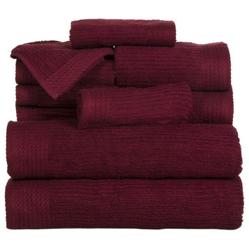 10-Piece Bath Towel Set 100% Cotton Ribbed Pile Absorbent Towels, Burgundy