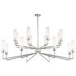 Savoy House - Baker Chandelier, Polished Nickel, 16-Light - The expansive Savoy House Baker 16-light chandelier is the perfect way to brighten up a large room with lots of crisp, clean style. Two tiers of slender arms, each topped with a slim clear ribbed glass shade, radiate out from the center and are finished in polished nickel or warm brass. Baker is 61" in width and has an adjustable height ranging from 29" to 77". It uses 16 standard size bulbs of up to 60 watts per bulb (bulbs not included). Comes with four 12" downrods and one 6" downrod.