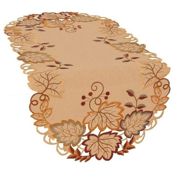 Harvest Verdure Embroidered Cutwork Fall Table Runner, Tan, 16''x34''