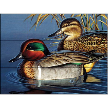 Tile Mural, Green Wing Teal Couple by Cynthie Fisher