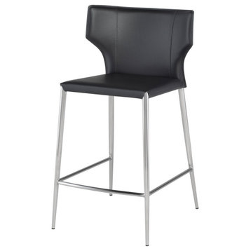 Wayne Counter Stool, Leather, Brushed Stainless Steel Legs, Gray