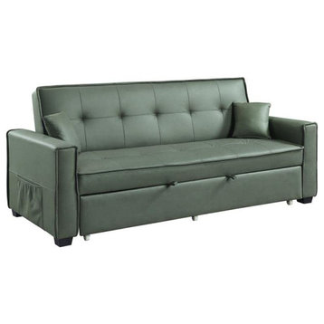 Contemporary Sleeper Sofa, Waffle Tufted Seat & Back With Square Arms, Green