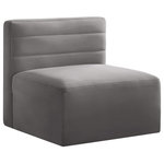Meridian Furniture - Quincy Modular Component, Gray, Armless Chair - Show them all that less is more with the minimalist look of this Quincy velvet cloud-like comfort modular armless chair. This elegant chair features a simple design that's all about comfort and modern style. The soft grey velvet upholstery is sleek to the touch, and the back of the unit features deep horizontal channel tufting for a look that wows. Because this is a modular seating option, you can pair it easily with other items in the Quincy collection to create a look you love. Latches underneath make it easy to mix and match items from the collection.