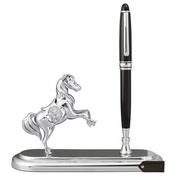 Chrome Plated Executive Desk Set With Pen and Silver Horse Ornament
