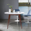 Avella 39" Round Italian Carrara White Marble Dining Table, Walnut Legs