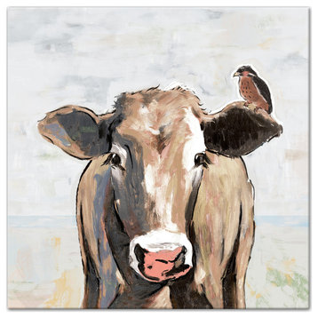 Painterly Cow And Bird 20x20 Canvas Wall Art