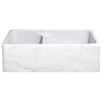 33" Farmhouse Kitchen Sink, Double Bowl, Reversible, Carrara White Marble, White