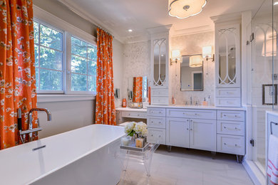Design ideas for a mid-sized transitional master bathroom in New York with shaker cabinets, white cabinets, quartzite benchtops, a freestanding tub, an open shower, a two-piece toilet, white tile, mosaic tile and an undermount sink.