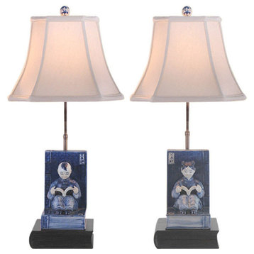 Set of 2, Blue and White Boy and Girl Bookend Porcelain Table Lamp 24"