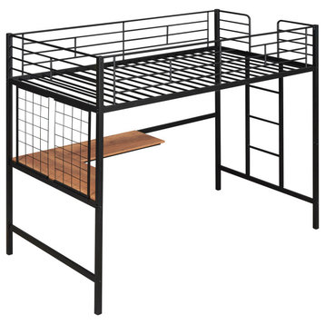 TATEUS Metal Loft Bed With Desk, Sturdy Metal Frame Guardrails Work and Play, Black, Twin