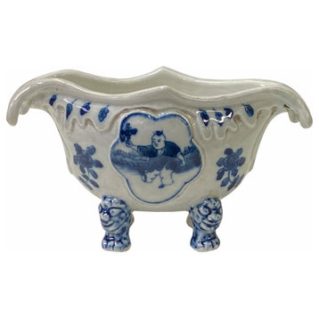Chinese Oriental Blue Off White Porcelain Graphic Container Planter Hws1792