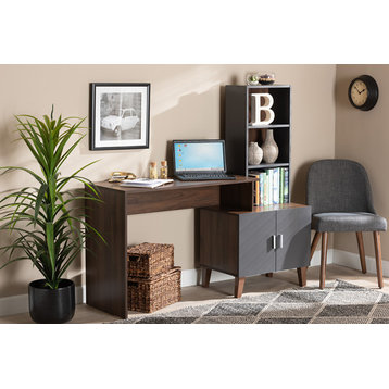 Getler Contemporary Two-Tone Walnut Brown and Dark Gray Wood Desk With Shelves