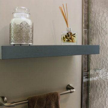Small Masterbath with Green Cabinetry, Custom Tiled Shower and Storage