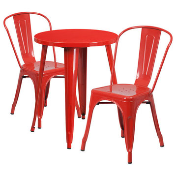 24" Round Red Metal Indoor-Outdoor 3-Piece Table Set With 2 Cafe Chairs
