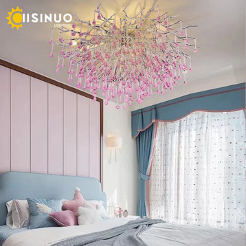 Modern Pink Crystal Chandelier for Living Room, Dining Room, Bedroom, Pink, Ceiling Round Dia15.7" / Dia40cm, Cool Light